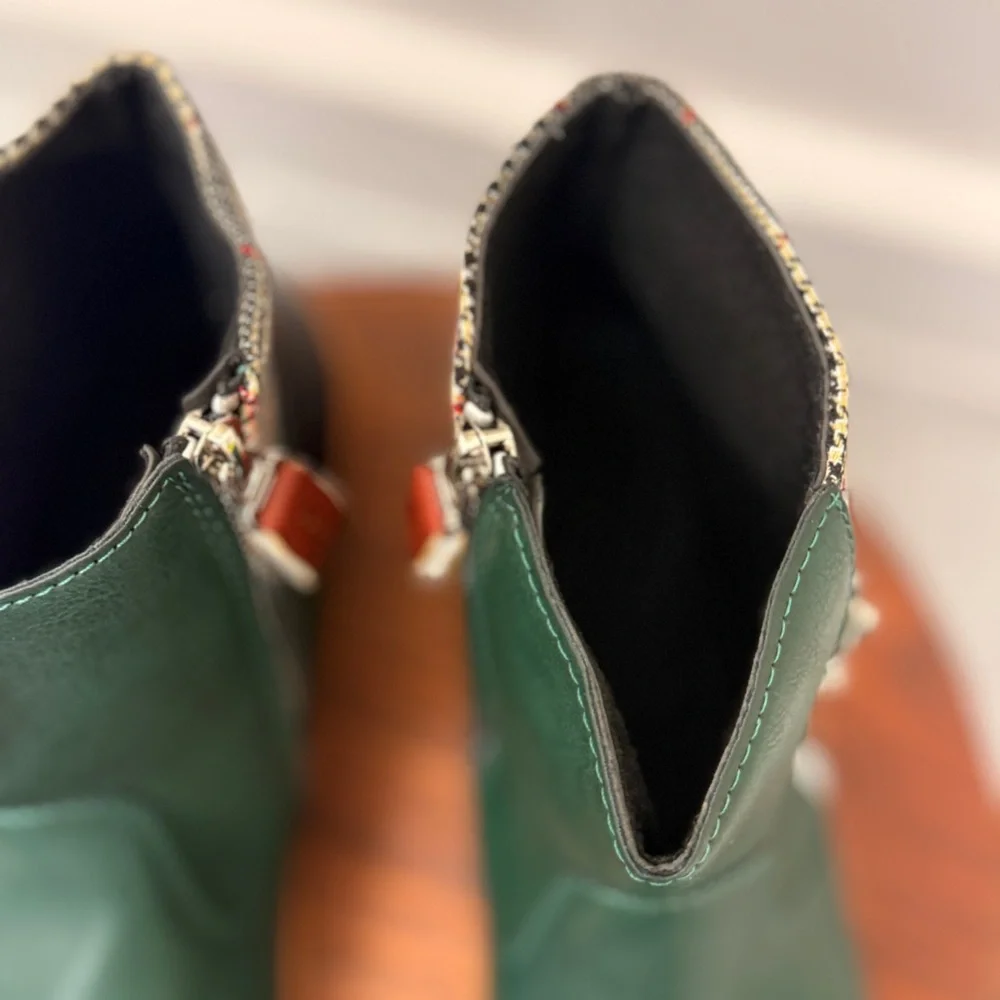 Green Black‎ Plaid Trim Faux Leather Ankle Boots Flat Side Zip Booties